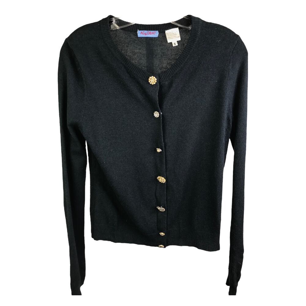 Acrobat Women's Sz S Cardigan Sweater Silk Cashmere Black Mixed Gemstone Buttons